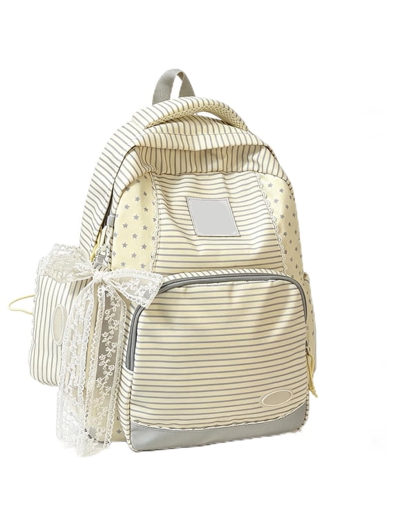 Y2k Star Striped Backpack with Lace Backpack Lightweight Preppy | Kawaii Cute Coquette Backpack Multi-Pocket Nylon Y2k Bookbag for Walking Rucksack Fashion Travel Daypack