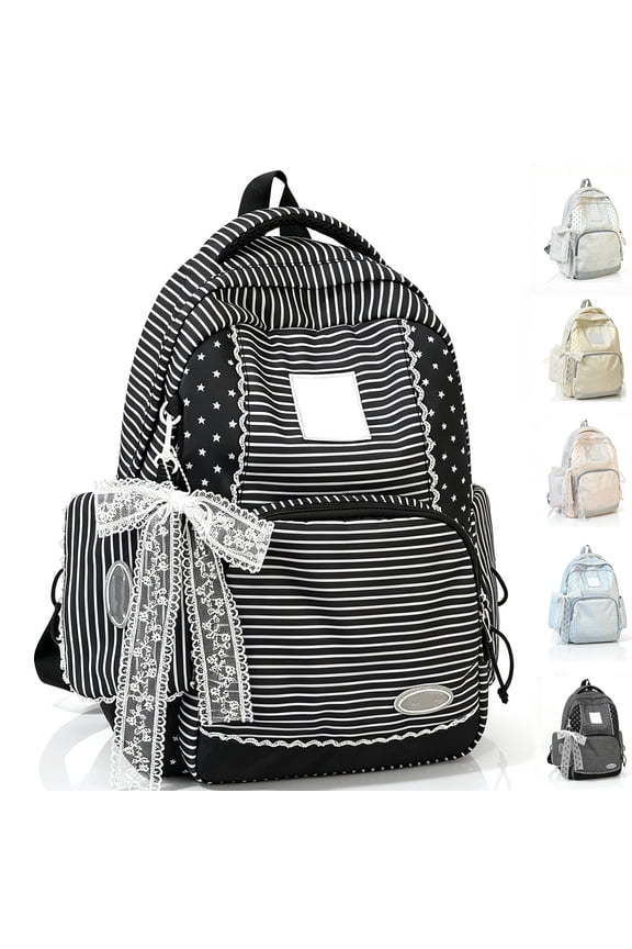 Y2k Star Striped Backpack with Lace Backpack Lightweight Preppy | Kawaii Cute Coquette Backpack Multi-Pocket Nylon Y2k Bookbag for Walking Rucksack Fashion Travel Daypack