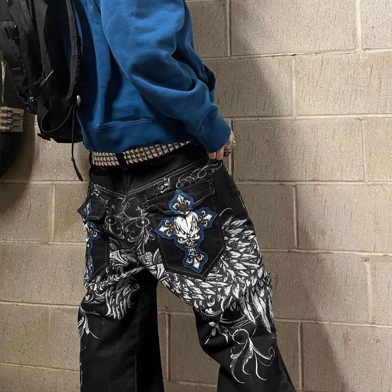 Y2k Street High Waist Gothic Skull Geometry Men Jeans