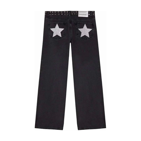 Y2k Studded Jeans for Women Vintage Star Low Rise Straight Leg Baggy Denim Pants Black L