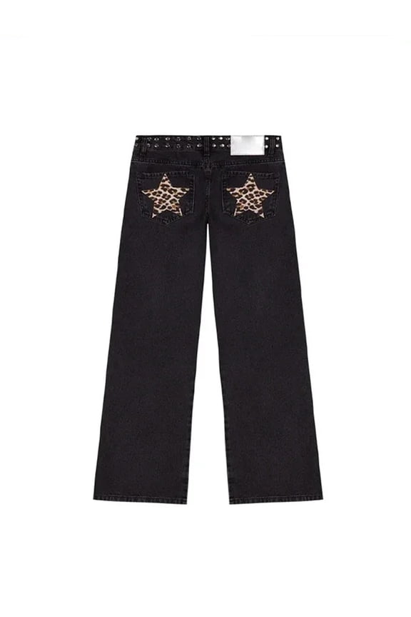 Y2k Studded Jeans for Women Vintage Star Low Rise Straight Leg Baggy Denim Pants Black Leopard Star L