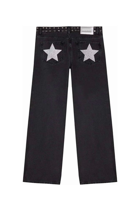 Y2k Studded Jeans for Women Vintage Star Low Rise Straight Leg Baggy Denim Pants Black S