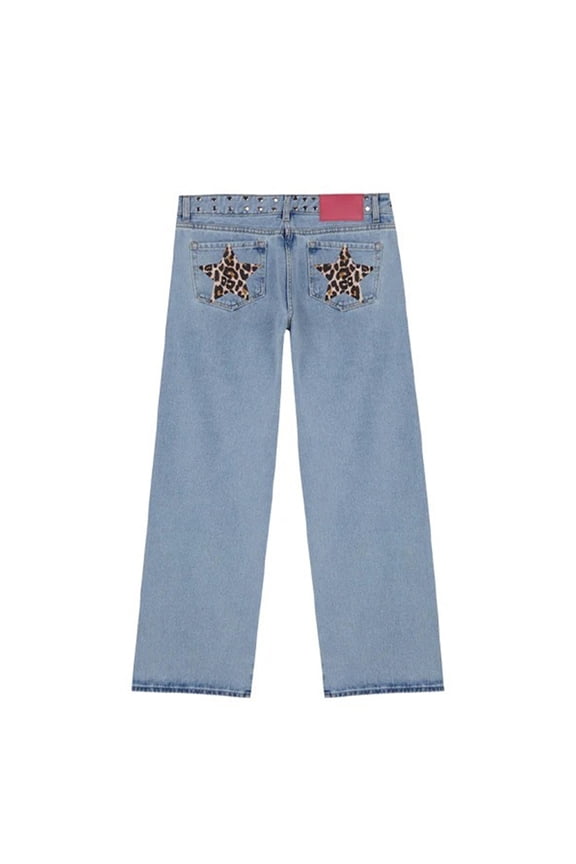 Y2k Studded Jeans for Women Vintage Star Low Rise Straight Leg Baggy Denim Pants Blue Leopard Star M
