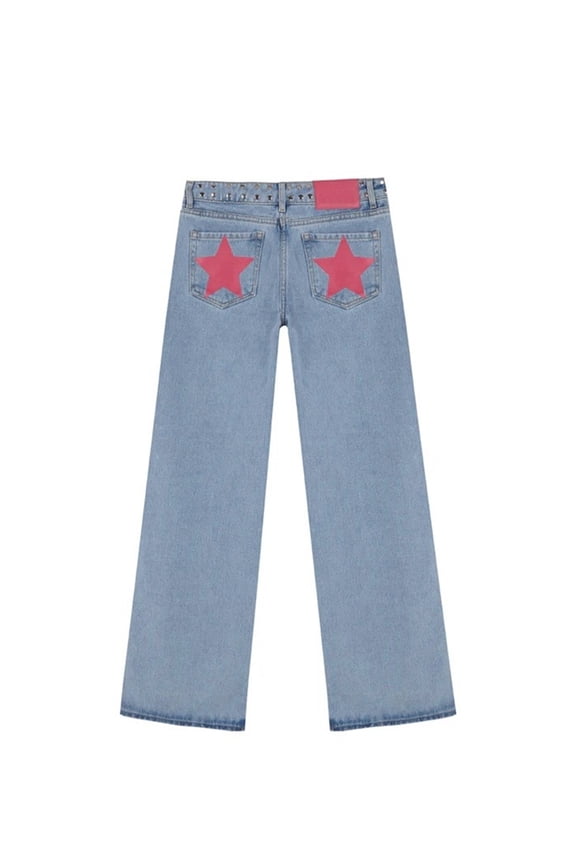 Y2k Studded Jeans for Women Vintage Star Low Rise Straight Leg Baggy Denim Pants Blue Pink Star S