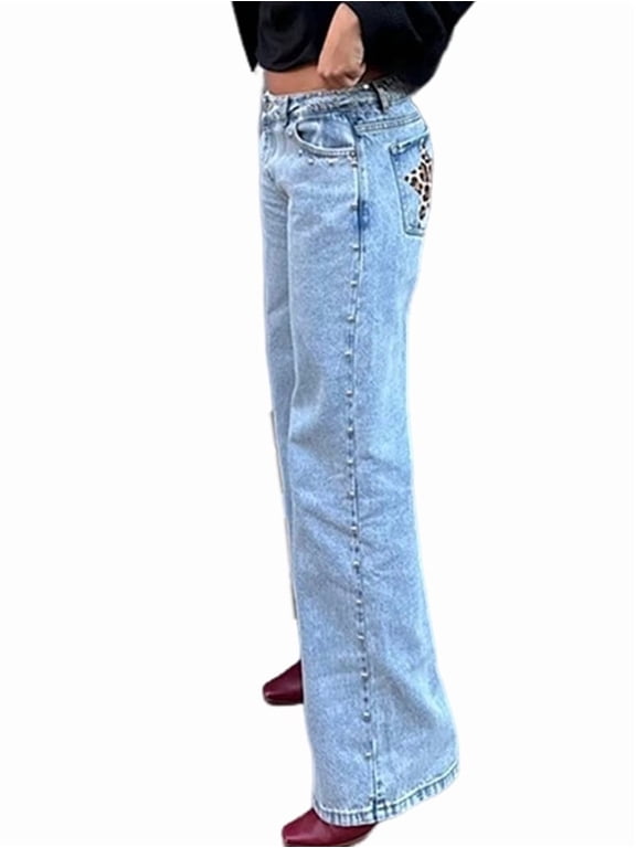 Y2k Studded Jeans for Women Vintage Star Low Rise Straight Leg Baggy Denim Pants