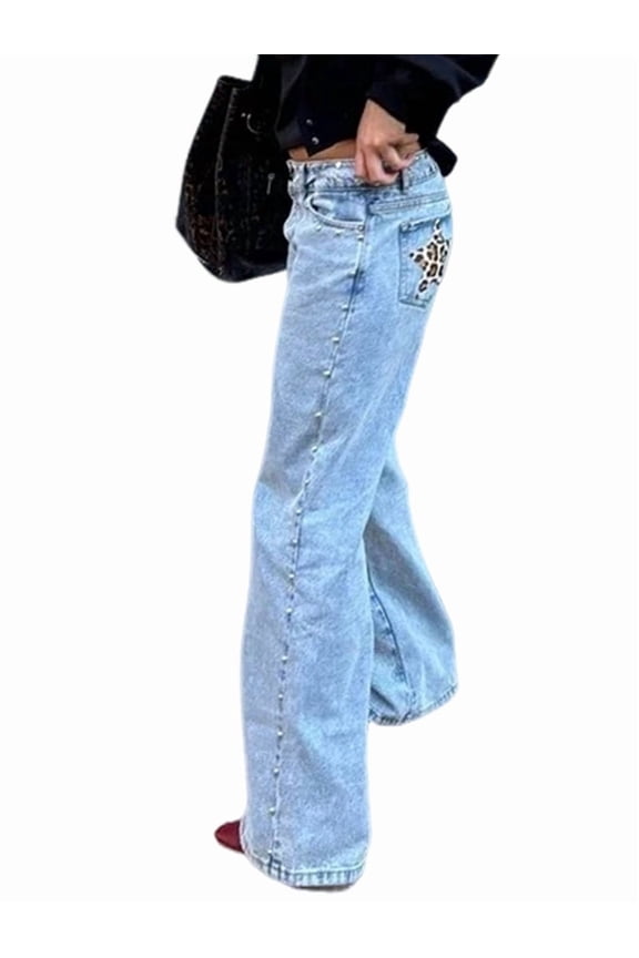 Y2k Studded Jeans for Women Vintage Star Low Rise Straight Leg Baggy Denim Pants