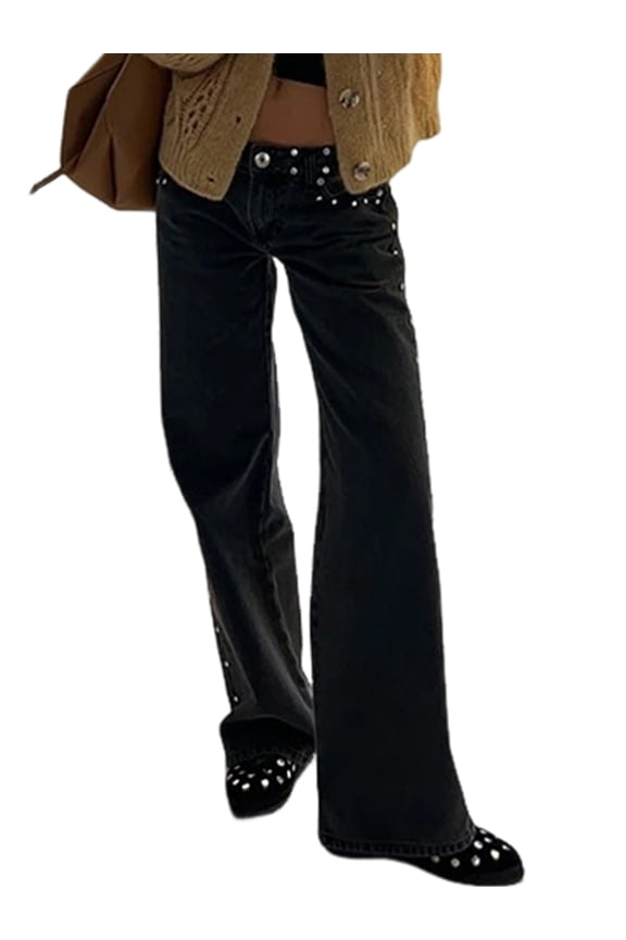 Y2k Studded Jeans for Women Vintage Star Low Rise Straight Leg Baggy Denim Pants