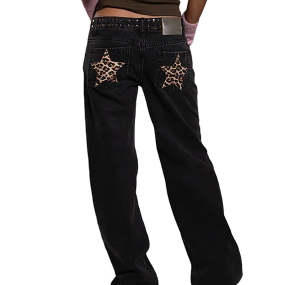 Y2k Studded Jeans for Women Vintage Star Low Rise Straight Leg Baggy Denim Pants