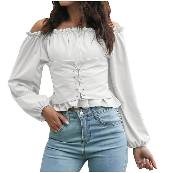 Y2k Tops Aesthetic Fairy Vintage Shirts Pirate Corset Tunic off the Shoulder Lantern Sleeve Pullover Retro Gothic Blouse