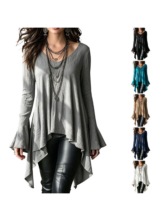 Y2k Tops for Women V Neck Bell Long Sleeve Solid Work Tops Flowy Cotton Linen Asymmetric Hem Basic Cozy Casual Fashion Blouses Gray S
