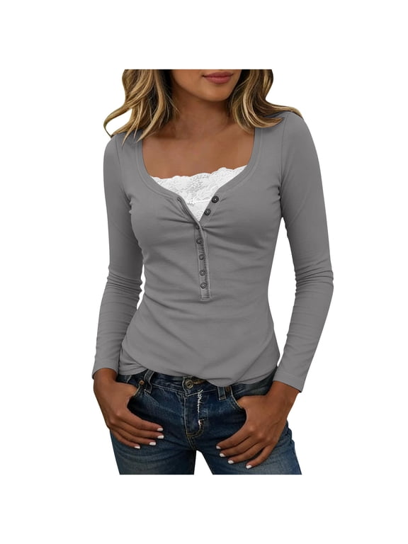 Y2k Tops for Women with Floral Lace Patchwork Slim Fitted Cotton Knit Tee Shirt Long Sleeve Base Fall Spring Tops (L, Gray)