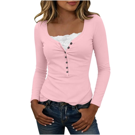 Y2k Tops for Women with Floral Lace Patchwork Slim Fitted Cotton Knit Tee Shirt Long Sleeve Base Fall Spring Tops (L, Pink)