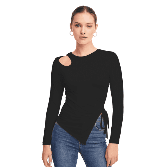 Y2k Undershirts Sexy Cut Out Tops Trendy Sexy Long Sleeve Ruched Side Tshirts for women Going Out Trendy Shirt Slim Fitted black S