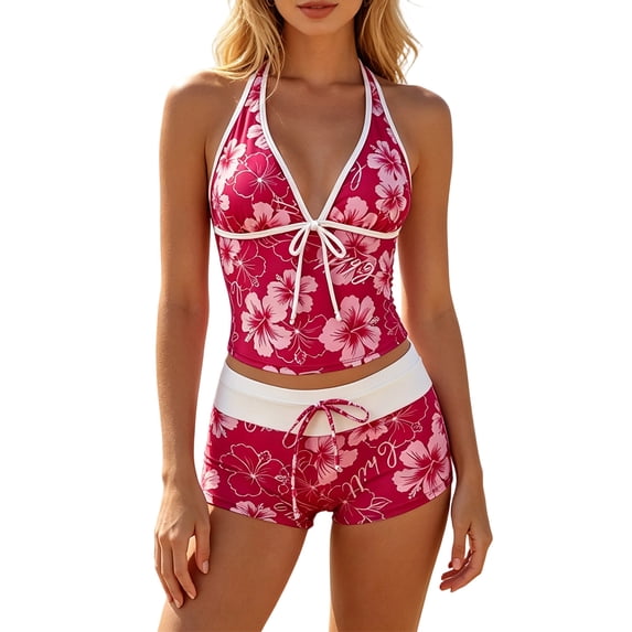 Y2k Vintage 2 Pieces Bikini Set Coquette Halter Tankini Top with Shorts Whimsy Polka Dot Beach Swimsuit Vacation Outfit Hot Pink XL