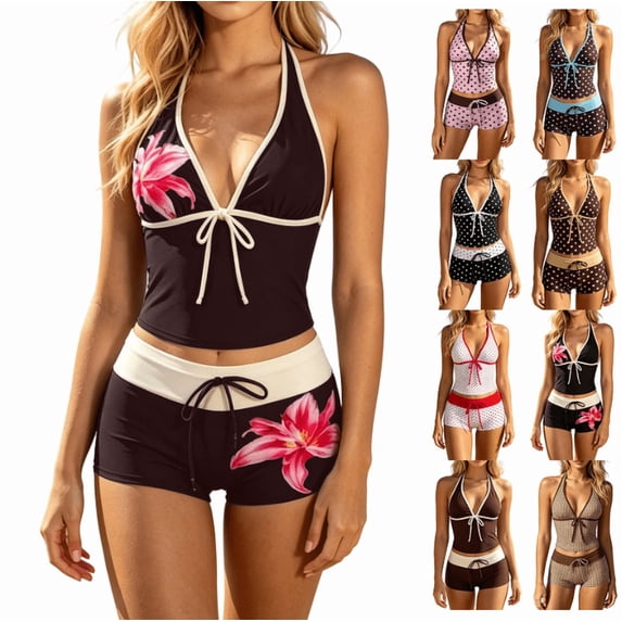 Y2k Vintage Beach Swimsuit 2000s Vacation Going Out Outfits Summer 2 Pieces Floral Bikini Sets Women (Hot Pink,L)