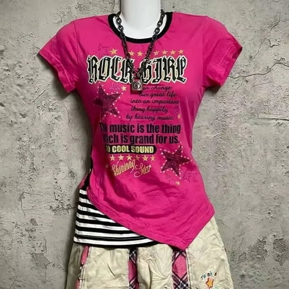 Y2k Vintage Pink Tshirts Slim-fit Halter Slip Short Sleeve Print Y2k Harajuku Fashion Casual Tops Chic Retro Gothic Punk Tees
