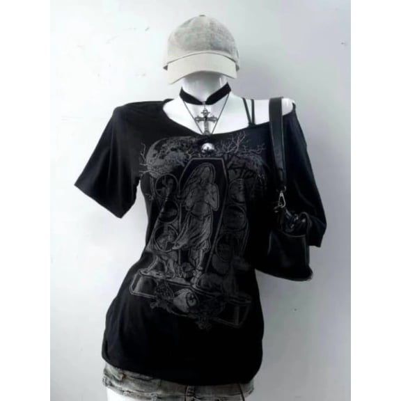 Y2k Vintage Pink Tshirts Slim-fit Halter Slip Short Sleeve Print Y2k Harajuku Fashion Casual Tops Chic Retro Gothic Punk Tees