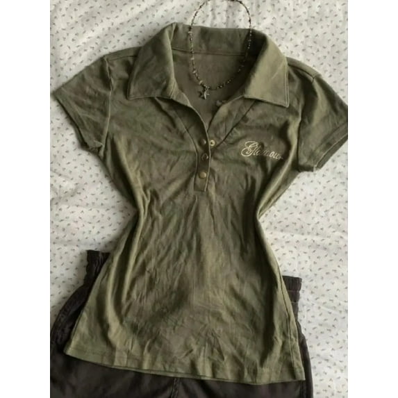 Y2k Vintage Polo Shirt Woman Gothic Slim V-neck Button American Letter Print T-shirts Punk Short Sleeve Harajuku 90s Rock Tees