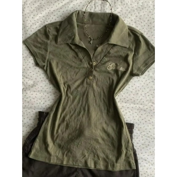 Y2k Vintage Polo Shirt Woman Gothic Slim V-neck Button American Letter Print T-shirts Punk Short Sleeve Harajuku 90s Rock Tees