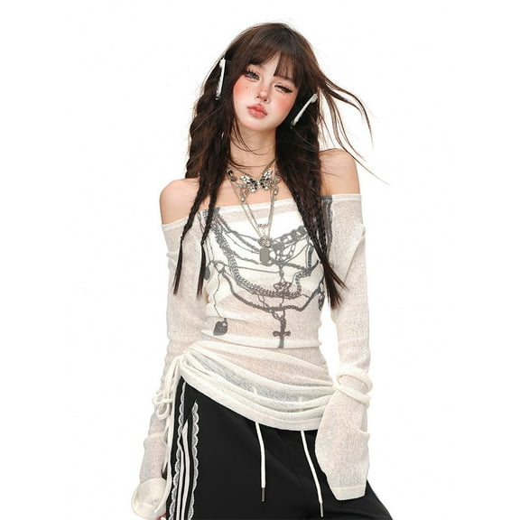 Y2k Women T Shirts Print Slash Neck Long Sleeve Tees Ropa Mujer Off Shoulder Drawstring Tunic Tshirt See Through Sexy T-shirts