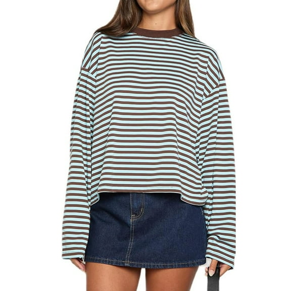 Y2k Womens Striped Cropped Shirt Drop Shoulder Long Sleeve Crewneck Sweatshirt Fairy Grunge Tops Streetwear Blue M