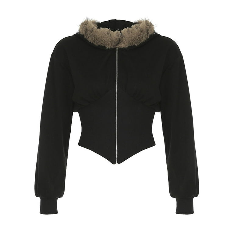Y2k Zip Up Hoodie Fleece Jackets Emo Fairy Grunge Crop