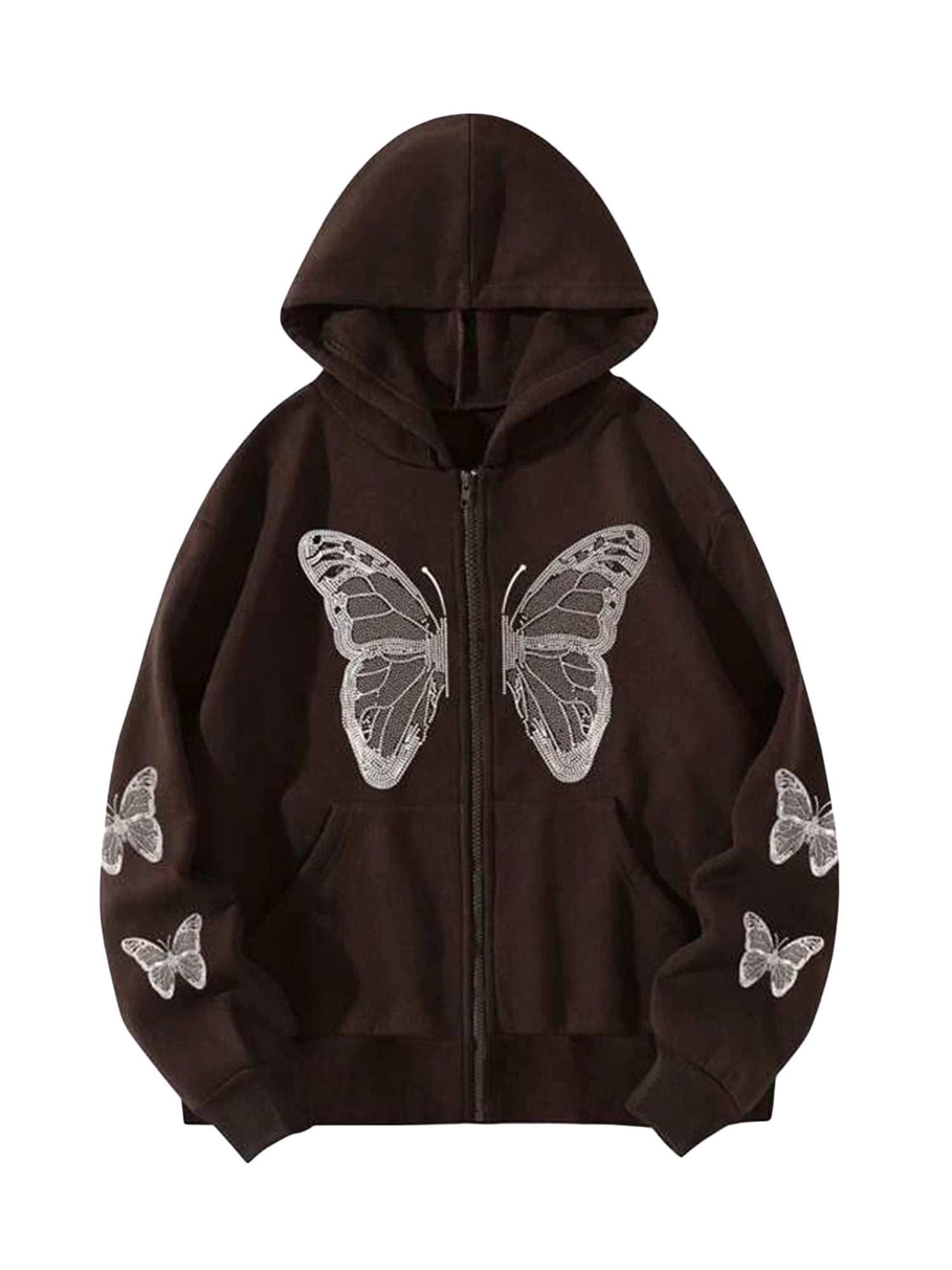 Y2k Zip Up Hoodie for Women Oversized Butterfly Hooded Sweatshirt