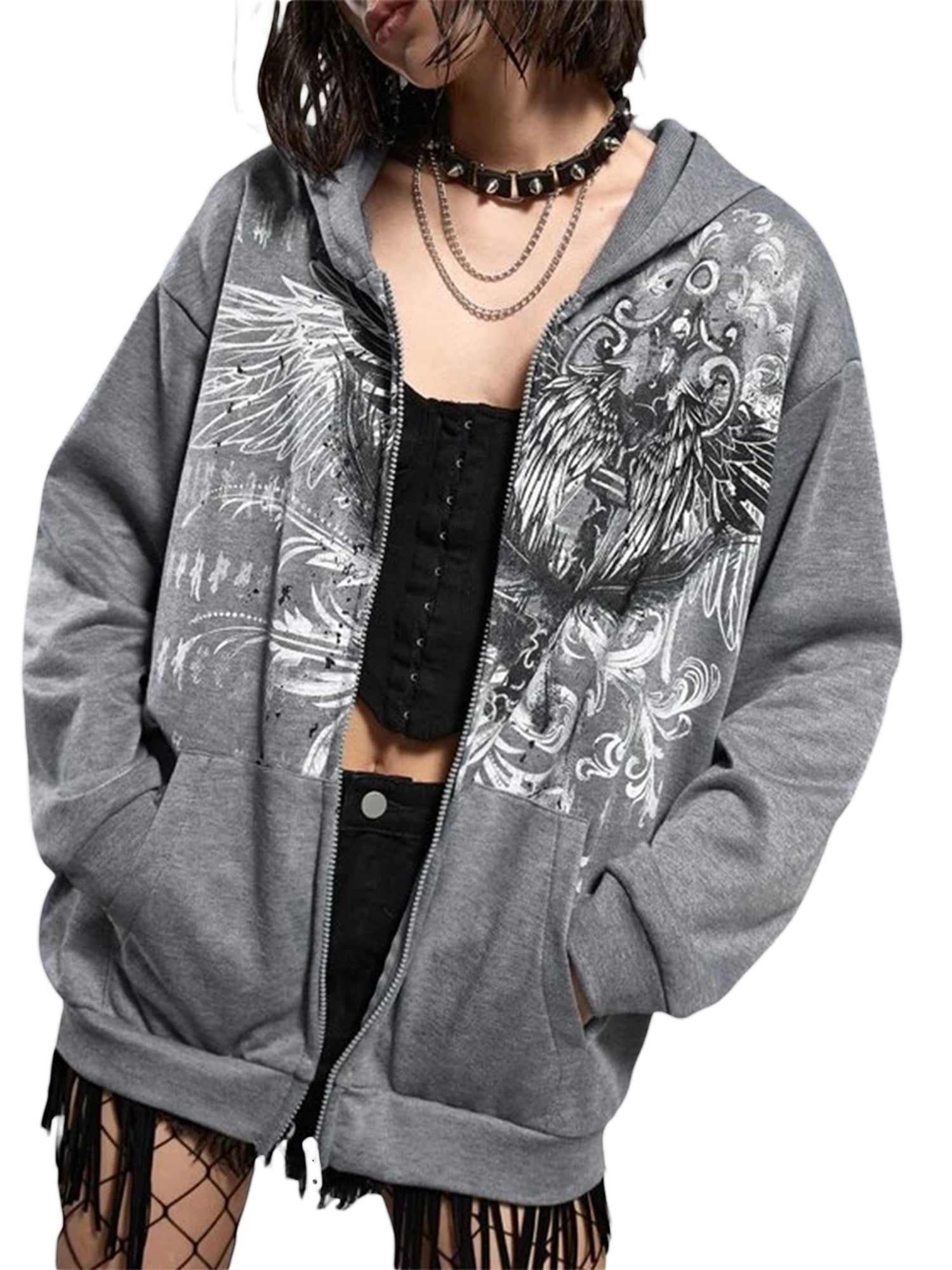 Y2k Zip Up Hoodies for Women Oversized Vintage Wing Graphic Y2k Zip Up Hoodies for Women Oversized Vintage Wing Graphic