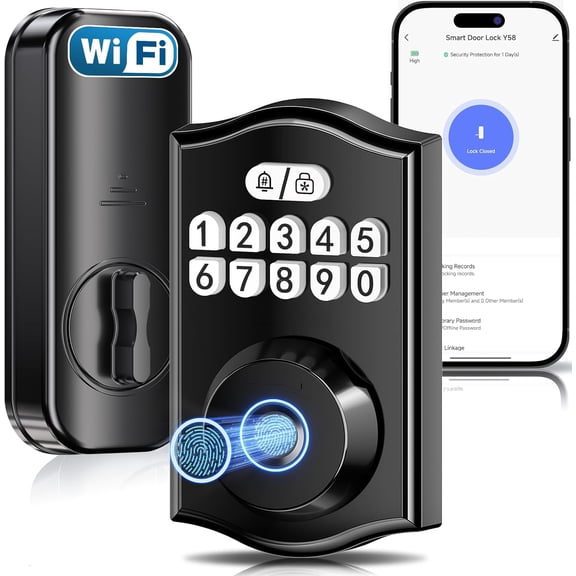 Y58 Deadbolt Smart Lock with Built-in WiFi, 5-in-1 Keyless Entry Fingerprint Door Lock for Front Door, App Control, Auto Lock, 15-Min DIY Install, IP54 Waterproof, Matte Black