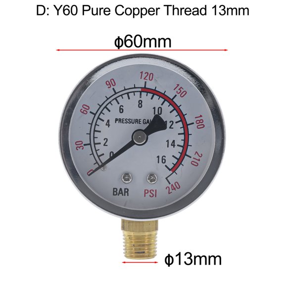 Y60 0-1.6Mpa 0-230Psi Pool Filter Water Pressure Dial Hydraulic Pressure Gauge Meter Manometer G1/4 Thread Dial Digital Display