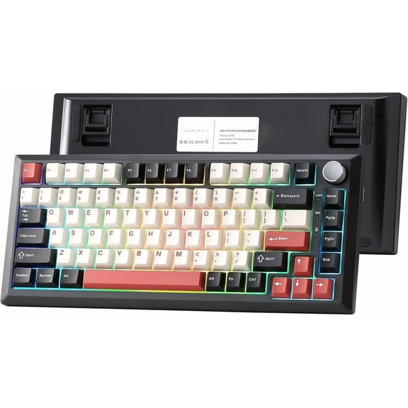 Y75 Mechanical Keyboard,75% Hot Swappable Custom Keyboard with Knob, Backlit, PBT Keycaps,2.4GHz/-C/BT5.0 Mechanical Gaming Keyboards(Black&Red,Milk )