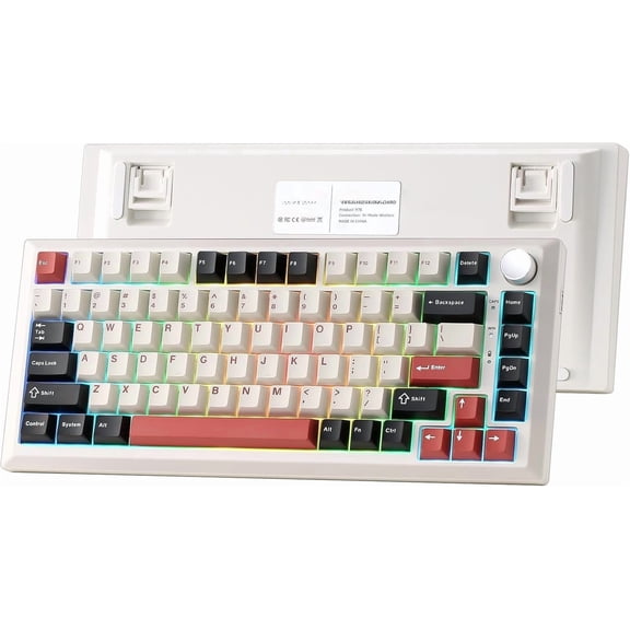 Y75 Mechanical Keyboard,75% Hot Swappable Custom Keyboard with Knob, Backlit, PBT Keycaps,2.4GHz/-C/BT5.0 Mechanical Gaming Keyboards(White&Red,Milk )