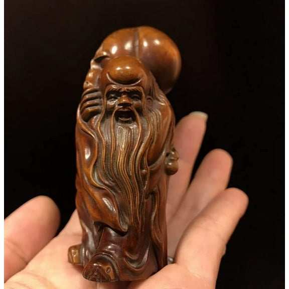 Y9214 - Hand Carved Boxwood Netsuke Figurine Carving : God of Longevity