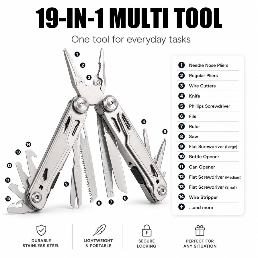 YA YATECH 19-in-1 Multitool Pliers, Stainless Steel Multi-Purpose Tool with Sheath, Foldable Pocket Knife, Saw, Screwdriver, Ruler for Camping, Hiking, Home Repair, EDC Gear