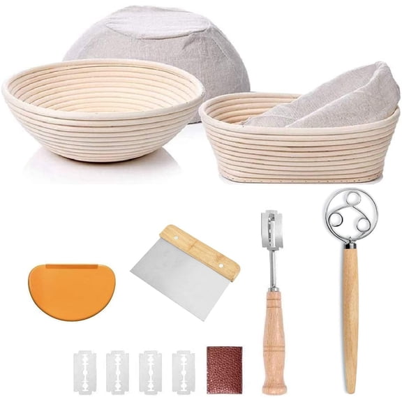 YAANI Sourdough Starter Kit, Sourdough Bread Baking Supplies, Banneton Bread Proofing Basket Set Of 2 Round and Oval, Dough Whisk, Scoring Tool, Metal Scraper, Silicone Scraper, Premium Baking Tools