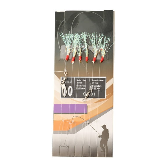 YAAQII for 6-Pack Fishing Sabiki Rigs Soft Lure Bait with Red Heads White Flash Lumi Beads for Mackerel Herring Deep Sea Fishing High-Carbon Steel Hooks 10#