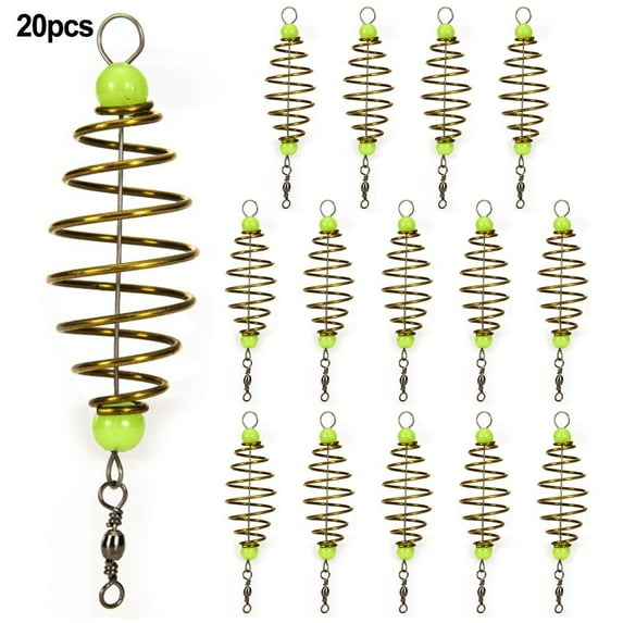 YAAQII for Carp Fishing Spring Feeder Bait Cage - 20 Pack Inline Fishing Feeder with Luminous Beads, Stainless Steel Bait Holder for Stable Casting, 8x5x3cm Green Atomizing Feeder (5.5g Each)
