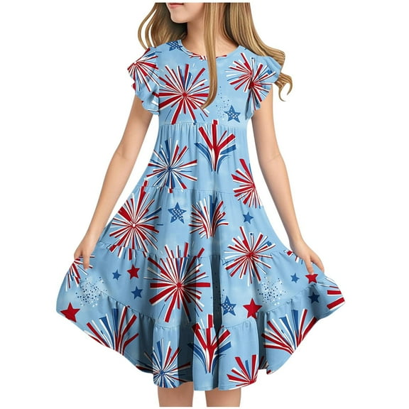 YABCSAZ 4th of July Girl's Dresses Summer Casual Dress American Flag Star Sundress Ruffle Sleeveless Princess Dresses Kids Patriotic Clothes Loose Dress for Independence Day Size 10 Years
