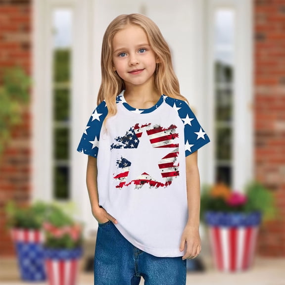 YABCSAZ 4th of July Tops for Girls Boys Short Sleeve Casual Loose Fit Summer T-shirts American Flag Star Kid Outfits Toddler Baby Patriotic Clothes Unisex Tops Independence Day Tops 4 Years