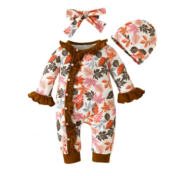 YABCSAZ Baby Girls Footless Pajamas Outfits Button Down Romper Floral Cute Print Toddler Suits Long Sleeve Soft Comfy Newborn Jumpsuits Fall Warm Kids Clothes Hairband Hat 3 Pieces Size 6 Months