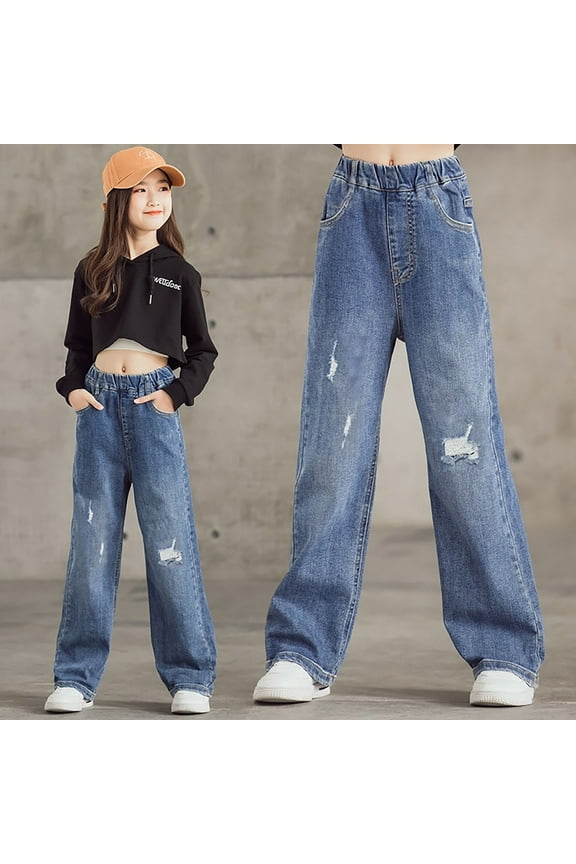 Baby Girls Jeans Elastic Waist Distressed Ripped Straight Leg Denim Jeans Casual Baggy Pants Kids Clothes Size US 16