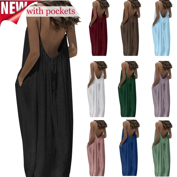 YABCSAZ Backless Cami Dresses for Women Long Cami Lounge Dress Backless Sleeveless Vacation House Dress Long Sundress with Pockets for Indoor Summer Wear