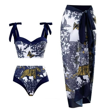 YABCSAZ Bathing Suit for Women Tummy Control One Piece Swimsuit with Long Skirt Casual Lace up Chiffon Two Piece Swimwear Bikini Set