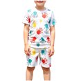 thumbnail image 1 of YABCSAZ Boys Summer Outfit Sets Short Sleeve T-Shirts Tops and Wide Leg Bermuda Shorts Kids Sets Cute Graphic Summer Clothes Loose Beach Outfit Sets Casual Baby 2Piece Playwear Sets Size 4 Years, 1 of 6