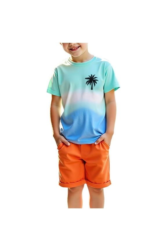 Boys Summer Outfit Sets Short Sleeve T-Shirts Tops and Wide Leg Bermuda Shorts Kids Sets Cute Graphic Summer Clothes Loose Casual Baby 2Piece Playwear Sets for Beach Vocation Size 5 Years