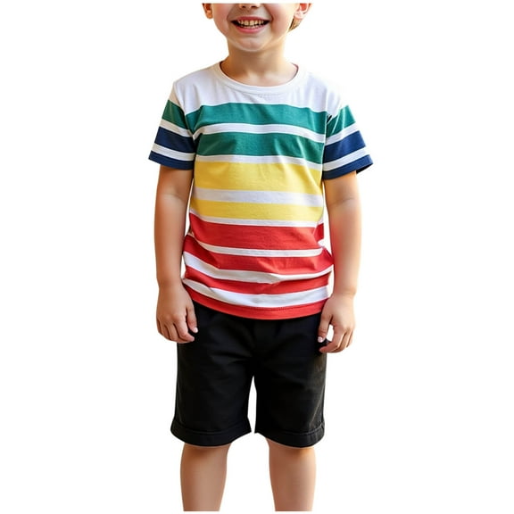 YABCSAZ Boys Summer Outfit Sets Short Sleeve T-Shirts Tops and Wide Leg Bermuda Shorts Kids Sets Striped Graphic Summer Clothes Loose Casual Baby 2Piece Playwear Sets Size 7 Years