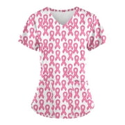 YABCSAZ Breast Cancer Scrub Tops for Women/Short Sleeve Shirts/Crewneck Shirt/Sweatshirt/Tops with Blessed Breast Cancer Pink Ribbon/Breast Cancer Awareness Breast Cancer Survivor Gifts for Women