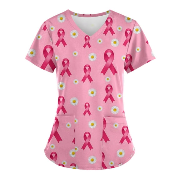 YABCSAZ Breast Cancer Scrub Tops for Women/Short Sleeve Shirts/Crewneck Shirt/Sweatshirt/Tops with Blessed Breast Cancer Pink Ribbon/Breast Cancer Awareness Breast Cancer Survivor Gifts for Women