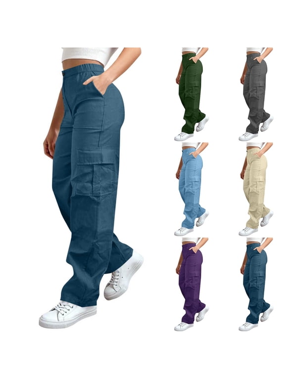 Cargo Pants for Women High Elastic Waisted Hiking Pants Stretchy Wide Leg Casual Pants Multi Pockets Combat Military Trousers Streetwear with Pockets