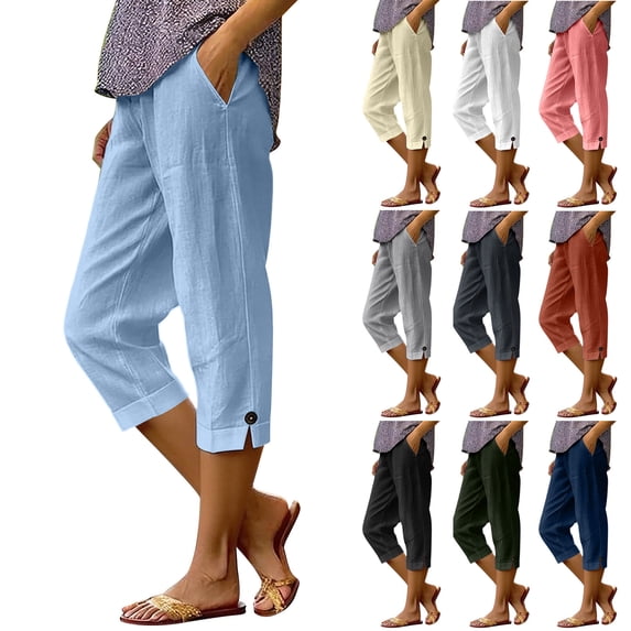 YABCSAZ Cotton Linen Capris Pants for Women Casual Summer Straight Wide Leg Loose Drawstring Elastic Waist Cropped Trouser with Pockets